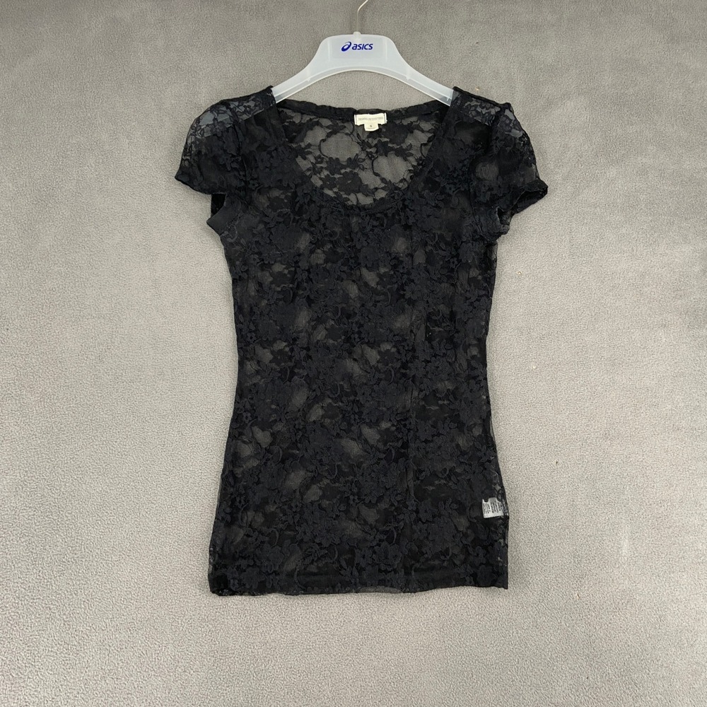 Zenana Outfitters Black Floral Mesh Lace Top Y2K Scoop Neck Cap Sleeve LT-6101 S